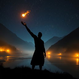A striking silhouette of a male figure with dark skin standing in a serene river valley, tossing a small fireball into the night sky