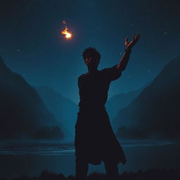 A striking silhouette of a male figure with dark skin standing in a serene river valley, tossing a small fireball into the night sky