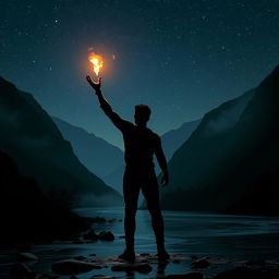 A striking silhouette of a male figure with dark skin standing in a serene river valley, tossing a small fireball into the night sky