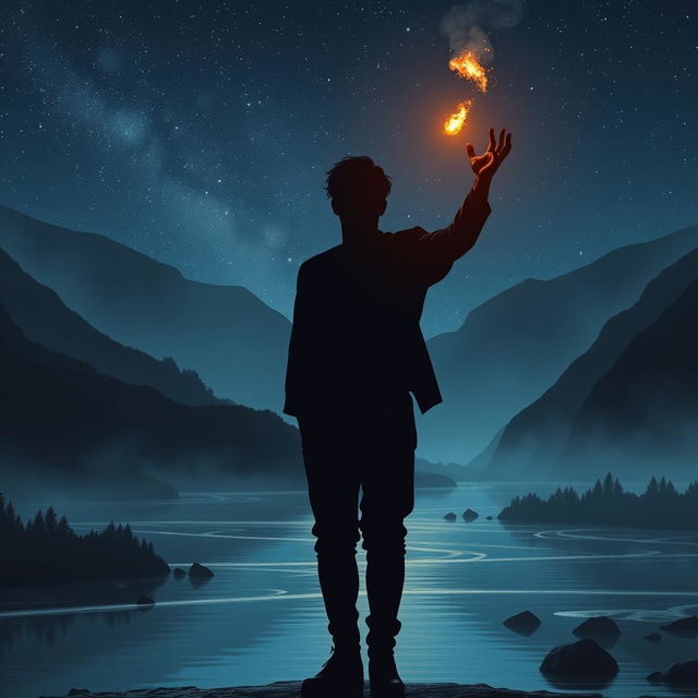 A striking silhouette of a male figure with dark skin standing in a serene river valley, tossing a small fireball into the night sky