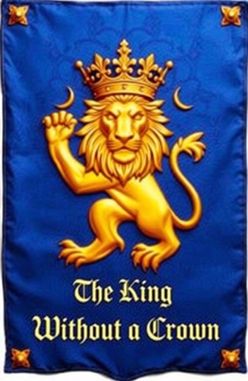 A majestic golden lion with a detailed, regal crown above its head, displayed prominently on a lush blue Medieval banner