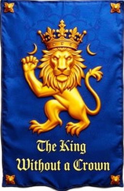 A majestic golden lion with a detailed, regal crown above its head, displayed prominently on a lush blue Medieval banner