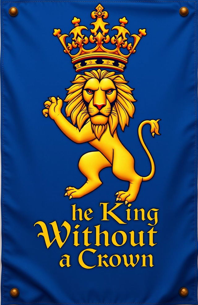 A majestic golden lion with a detailed, regal crown above its head, displayed prominently on a lush blue Medieval banner