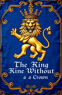 A majestic golden lion with a detailed, regal crown above its head, displayed prominently on a lush blue Medieval banner