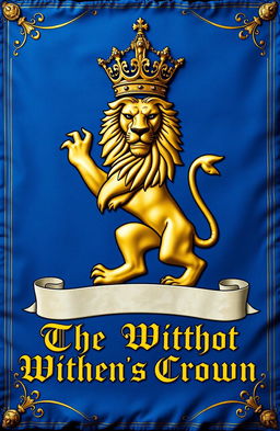 A majestic golden lion with a detailed, regal crown above its head, displayed prominently on a lush blue Medieval banner