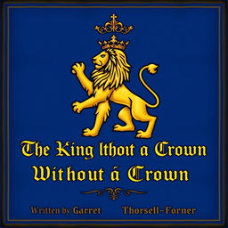 A majestic golden lion with a beautifully detailed crown above its head, featured prominently on a rich blue Medieval banner