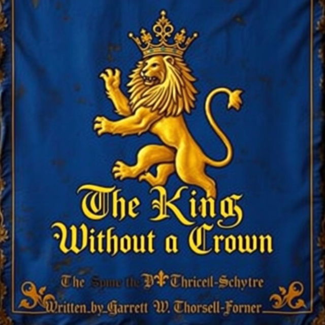 A majestic golden lion with a beautifully detailed crown above its head, featured prominently on a rich blue Medieval banner