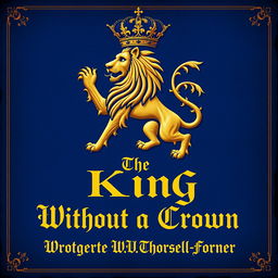 A majestic golden lion with a beautifully detailed crown above its head, featured prominently on a rich blue Medieval banner