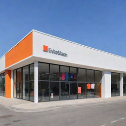 Modern and friendly facade for a textile overstock store, characterized by large windows, bright colors, minimalistic signage, and sustainable design elements