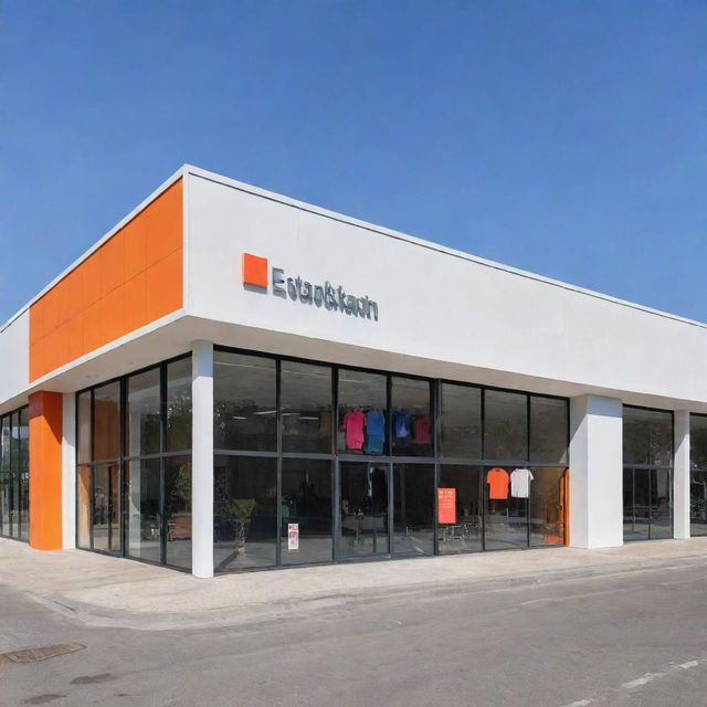 Modern and friendly facade for a textile overstock store, characterized by large windows, bright colors, minimalistic signage, and sustainable design elements