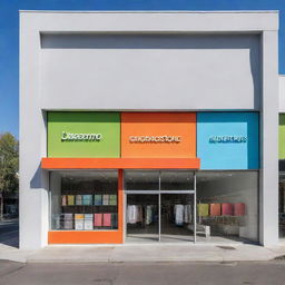 Modern and friendly facade for a textile overstock store, characterized by large windows, bright colors, minimalistic signage, and sustainable design elements