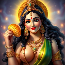Goddess Marati with a beautiful face and large breasts, wearing a necklace and bangles on her wrists, holding a conch shell in her hand