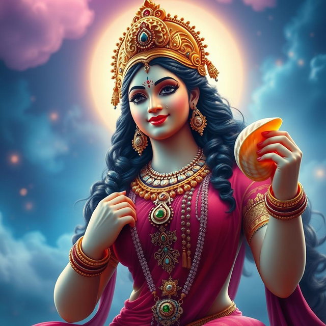 Goddess Marati with a beautiful face and large breasts, wearing a necklace and bangles on her wrists, holding a conch shell in her hand