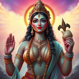 Goddess Marati with a beautiful face and large breasts, wearing a necklace and bangles on her wrists, holding a conch shell in her hand