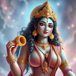 Goddess Marati with a beautiful face and large breasts, wearing a necklace and bangles on her wrists, holding a conch shell in her hand