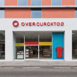 Modern and friendly facade for a textile overstock store, characterized by large windows, bright colors, minimalistic signage, and sustainable design elements