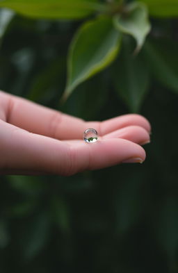 A single raindrop captured in a person's hand, glistening under soft light