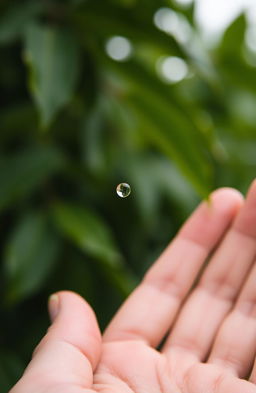 A single raindrop captured in a person's hand, glistening under soft light