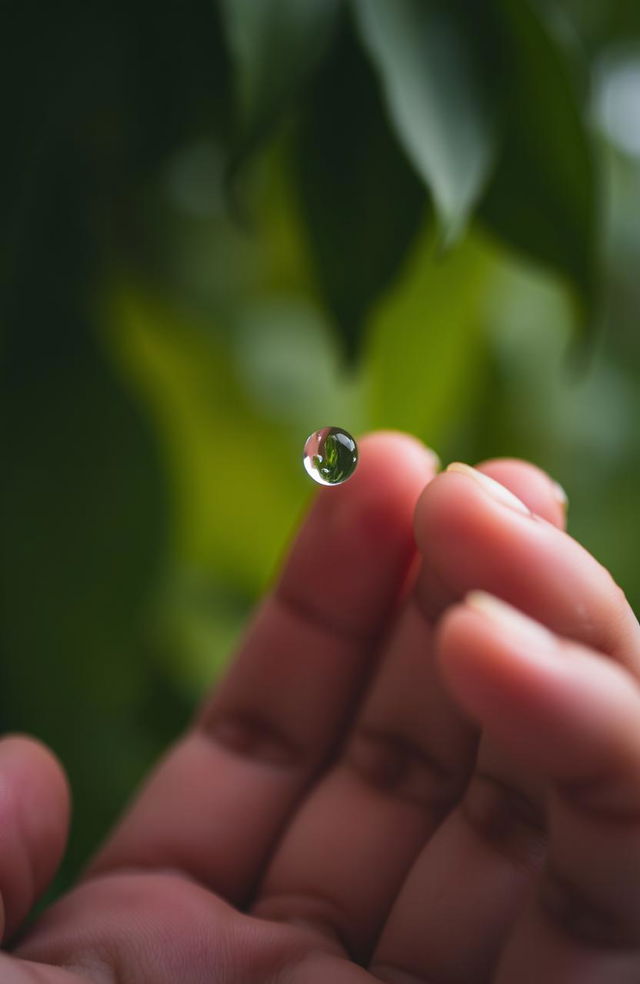 A single raindrop captured in a person's hand, glistening under soft light