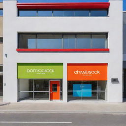 Modern and friendly facade for a textile overstock store, characterized by large windows, bright colors, minimalistic signage, and sustainable design elements