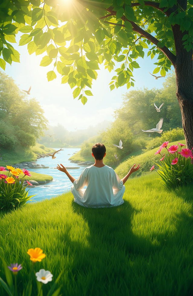 A serene scene depicting a person meditating peacefully in nature, surrounded by lush greenery and vibrant flowers