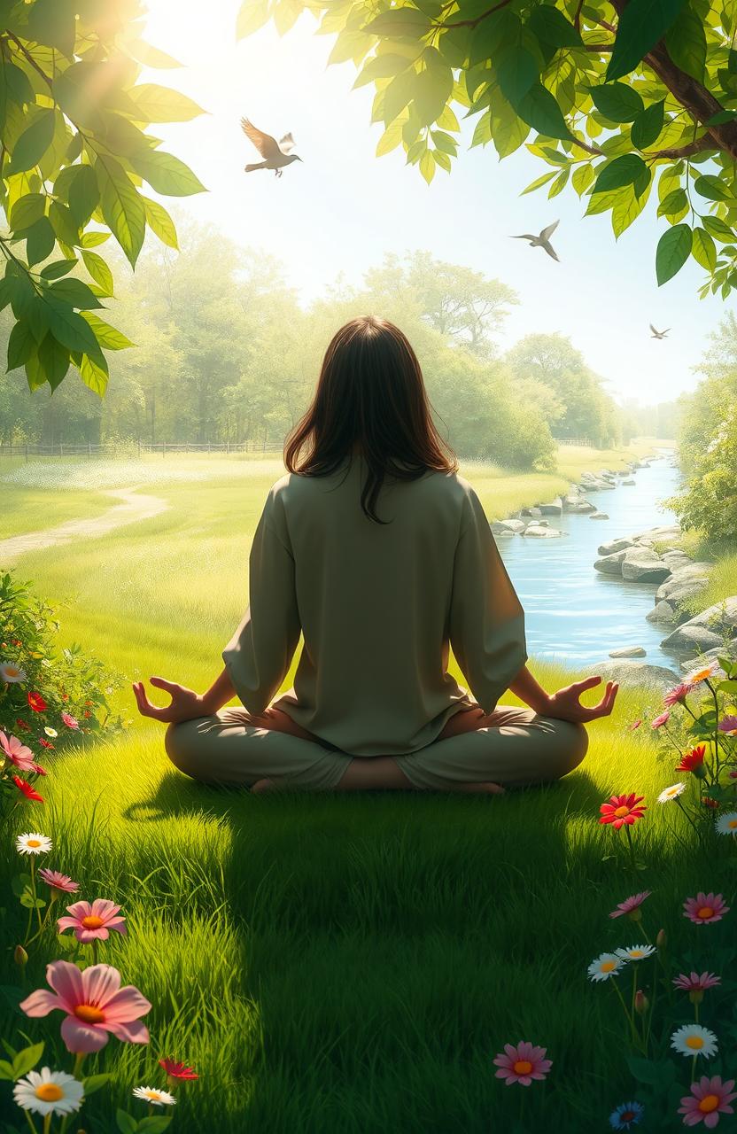 A serene scene depicting a person meditating peacefully in nature, surrounded by lush greenery and vibrant flowers