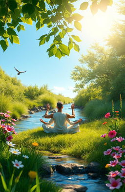 A serene scene depicting a person meditating peacefully in nature, surrounded by lush greenery and vibrant flowers