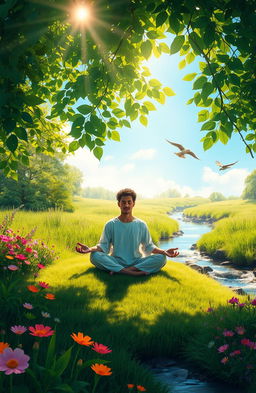 A serene scene depicting a person meditating peacefully in nature, surrounded by lush greenery and vibrant flowers