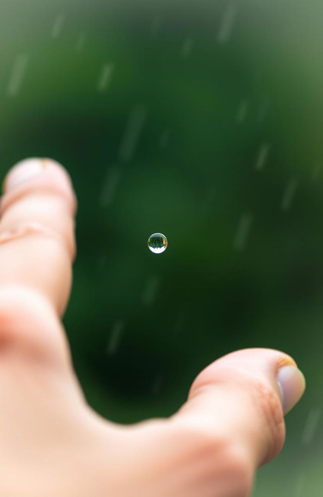 A beautiful and serene scene of a single rain droplet resting on a person’s hand, symbolizing nature's delicate beauty