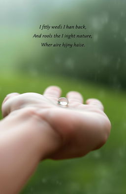 A beautiful and serene scene of a single rain droplet resting on a person’s hand, symbolizing nature's delicate beauty