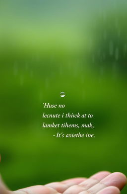A beautiful and serene scene of a single rain droplet resting on a person’s hand, symbolizing nature's delicate beauty