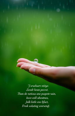 A beautiful and serene scene of a single rain droplet resting on a person’s hand, symbolizing nature's delicate beauty