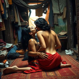 An intimate scene set on the floor of a modest house in a bustling slum, featuring a stunning woman inspired by a popular Indian actress, depicted as a sensual figure making out with a man