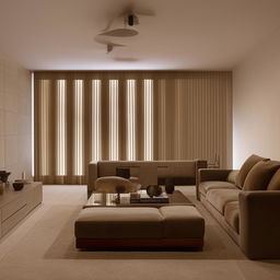 A modern living room featuring sleek, minimalistic furniture in monochromatic tones, illuminated by warm, ambient light.