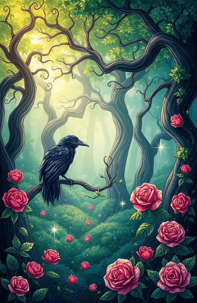 A whimsical magical forest setting inspired by 'The Raven and the Rose' by A