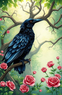 A whimsical magical forest setting inspired by 'The Raven and the Rose' by A