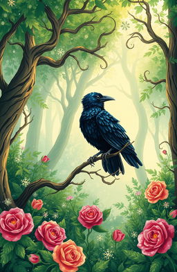 A whimsical magical forest setting inspired by 'The Raven and the Rose' by A