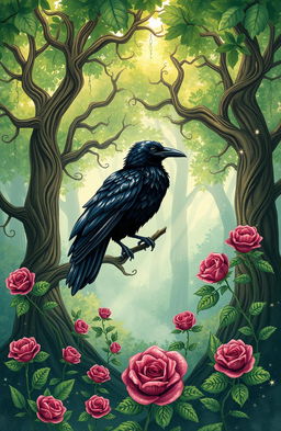 A whimsical magical forest setting inspired by 'The Raven and the Rose' by A