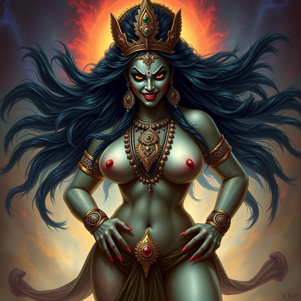 An intense and powerful depiction of Goddess Kali with long flowing black hair, her face displaying a fierce expression of anger