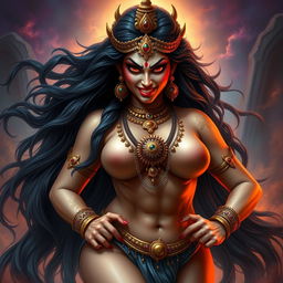 An intense and powerful depiction of Goddess Kali with long flowing black hair, her face displaying a fierce expression of anger