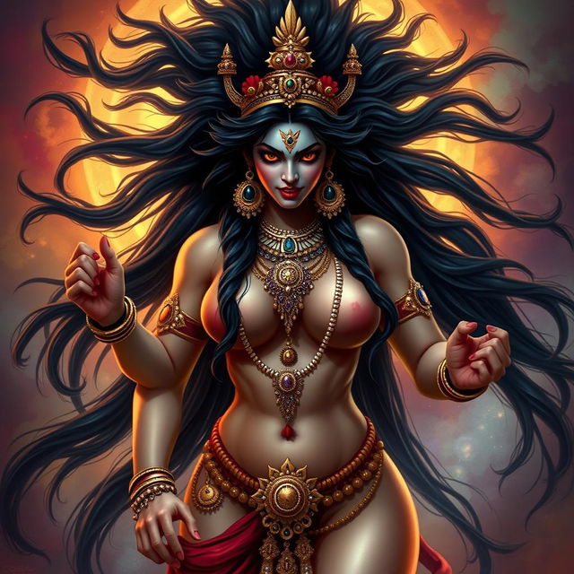 An intense and powerful depiction of Goddess Kali with long flowing black hair, her face displaying a fierce expression of anger