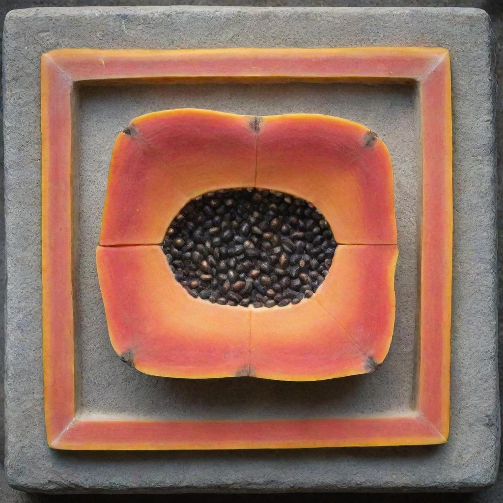 Square Mayan glyph featuring an open papaya in the center, showcasing the vibrant color and seeds of the fruit within the worn stone