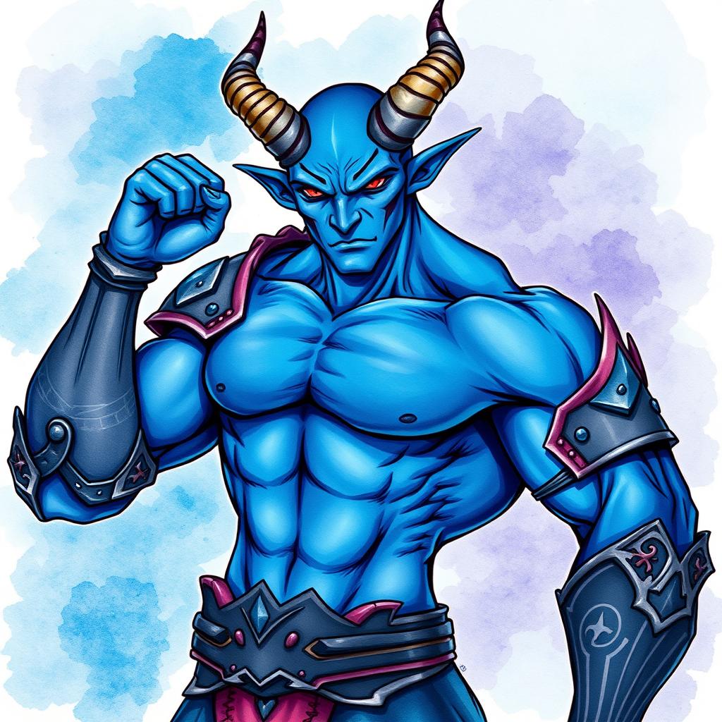 A muscular blue tiefling character depicted in a vibrant watercolor style