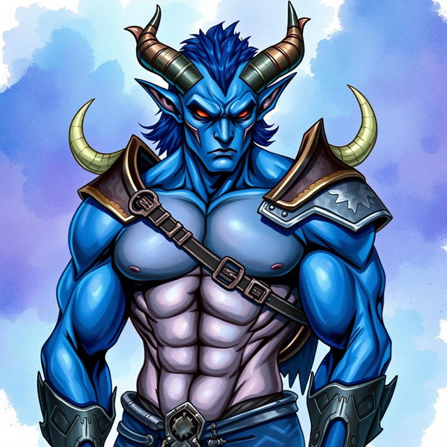 A muscular blue tiefling character depicted in a vibrant watercolor style