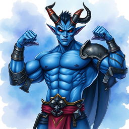 A muscular blue tiefling character depicted in a vibrant watercolor style