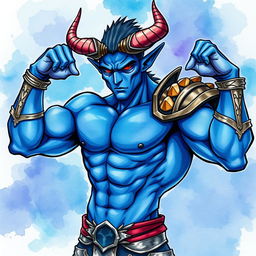 A muscular blue tiefling character depicted in a vibrant watercolor style