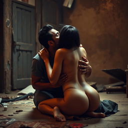 An intimate scene set on the floor of a modest slum house, featuring a stunning woman inspired by a popular Indian actress, portrayed as a sensual figure making out with a man