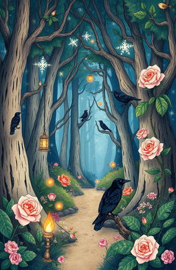 A whimsical magical forest setting, rich in enchanting details, featuring hidden symbolism of a raven and a rose