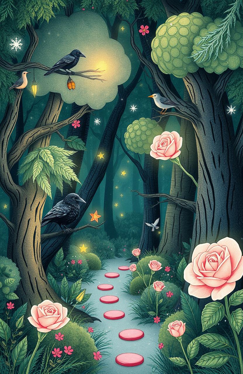 A whimsical magical forest setting, rich in enchanting details, featuring hidden symbolism of a raven and a rose