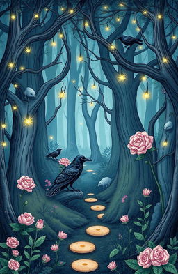 A whimsical magical forest setting, rich in enchanting details, featuring hidden symbolism of a raven and a rose